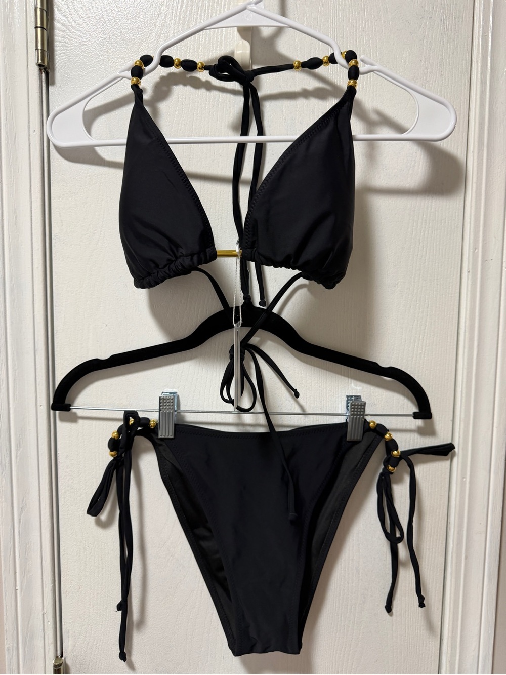 Black Triangle Bikini Set with Gold Bead Accents